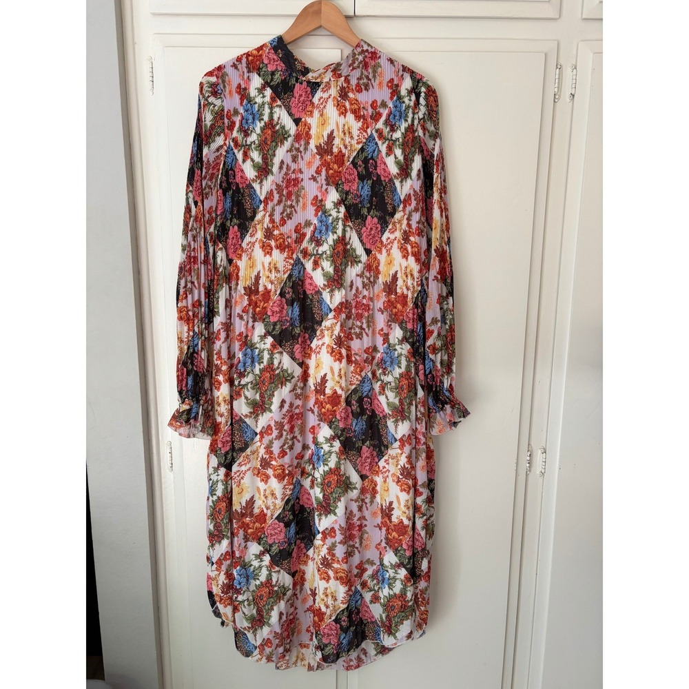 Anthropologie Floral Patchwork Plisse Midi Dress Long Sleeve Mock Neck Large